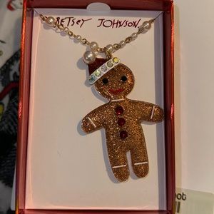 BETSEY JOHNSON Christmas Holiday Faux Pearl & Chain Gingerbread Man Necklace NEW